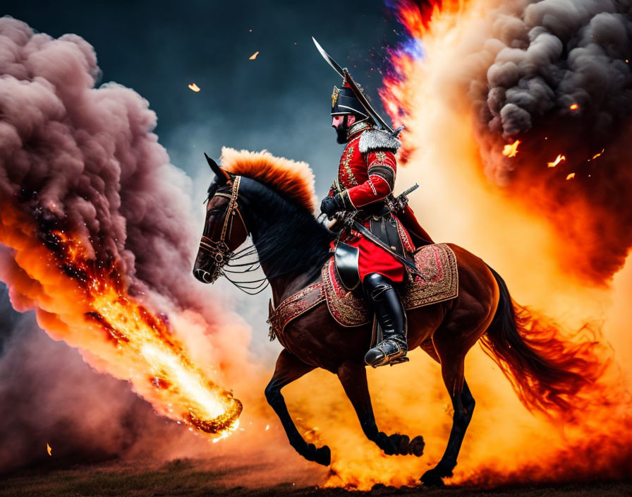 Armored knight on horseback amidst fiery explosions and smoke clouds