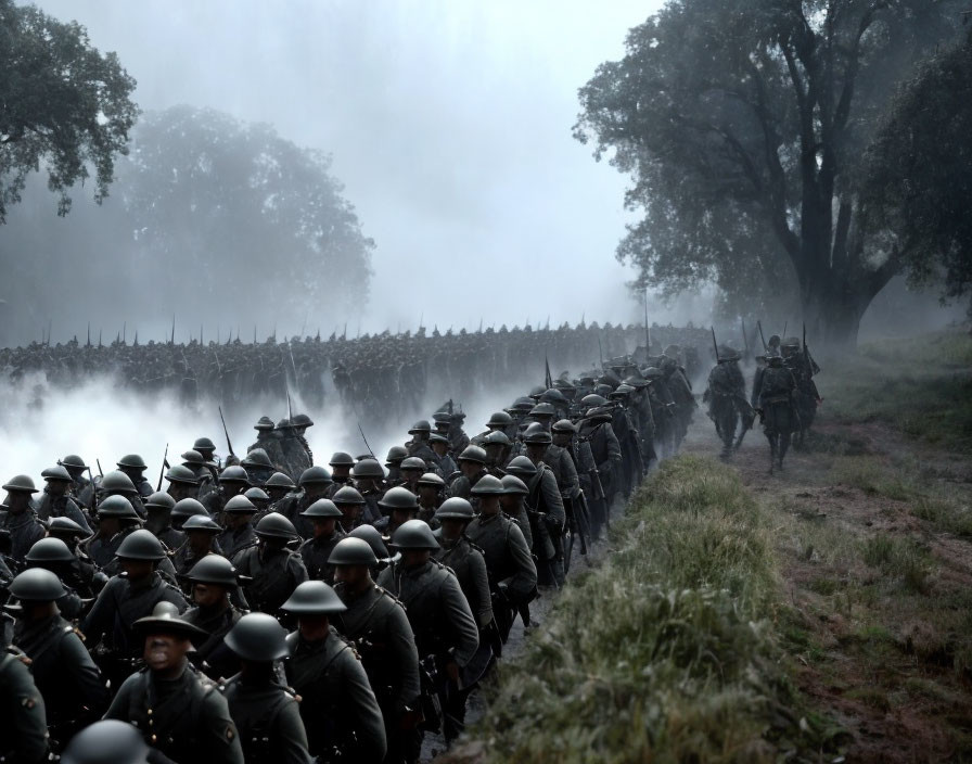 Vintage military troops march in misty forest scene