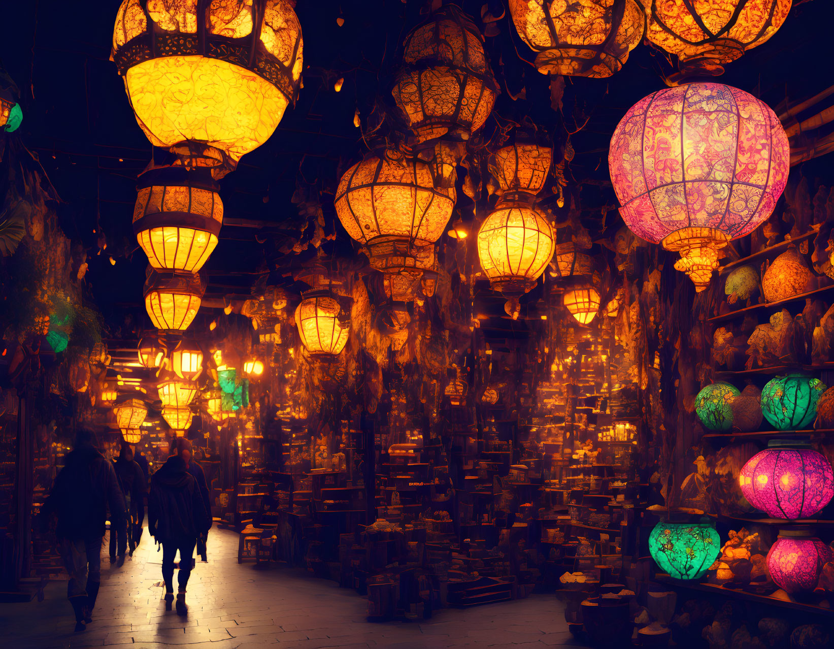 Dimly Lit Market Alley with Hanging Lanterns and Silhouetted Figures
