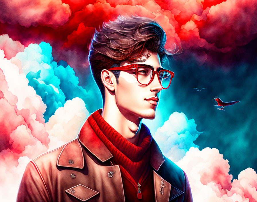 Stylized digital portrait of young man with glasses in trench coat amid colorful clouds.