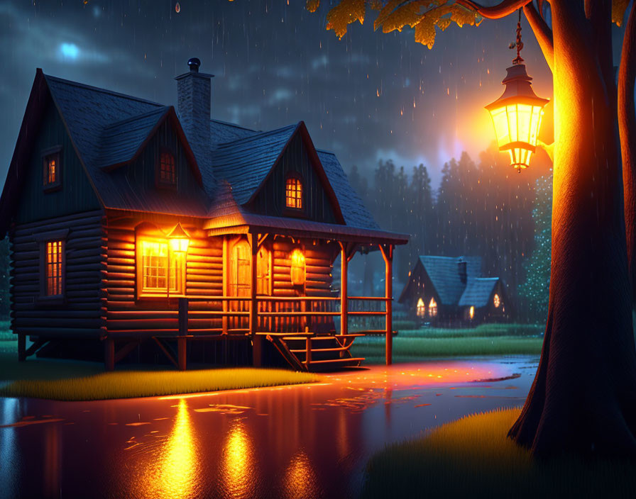 Cozy Log Cabin Illuminated by Street Lamp on Rainy Evening