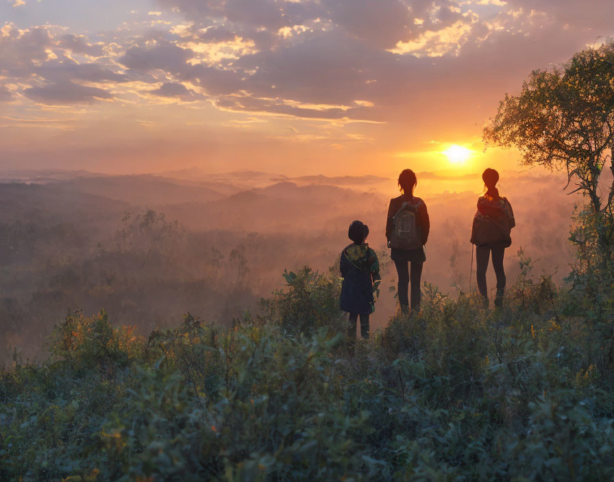 Three people with backpacks enjoy misty sunrise on hill amidst lush vegetation under colorful sky