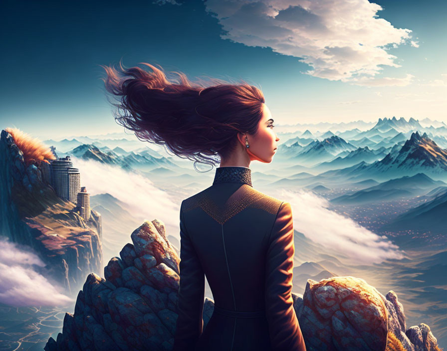 Woman with flowing hair on cliff gazes at mountain landscape