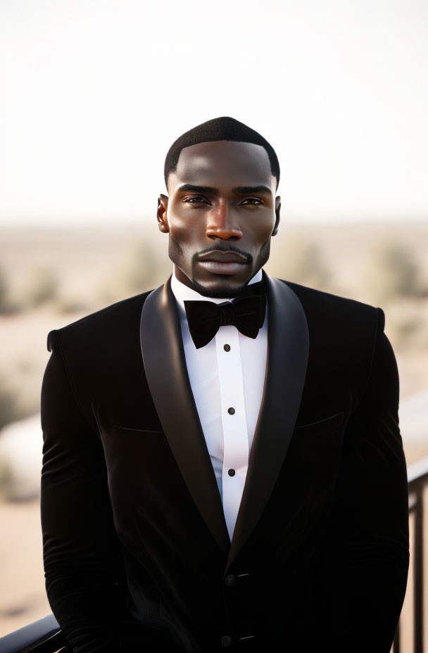 Confident man in black tuxedo with bowtie against desert backdrop