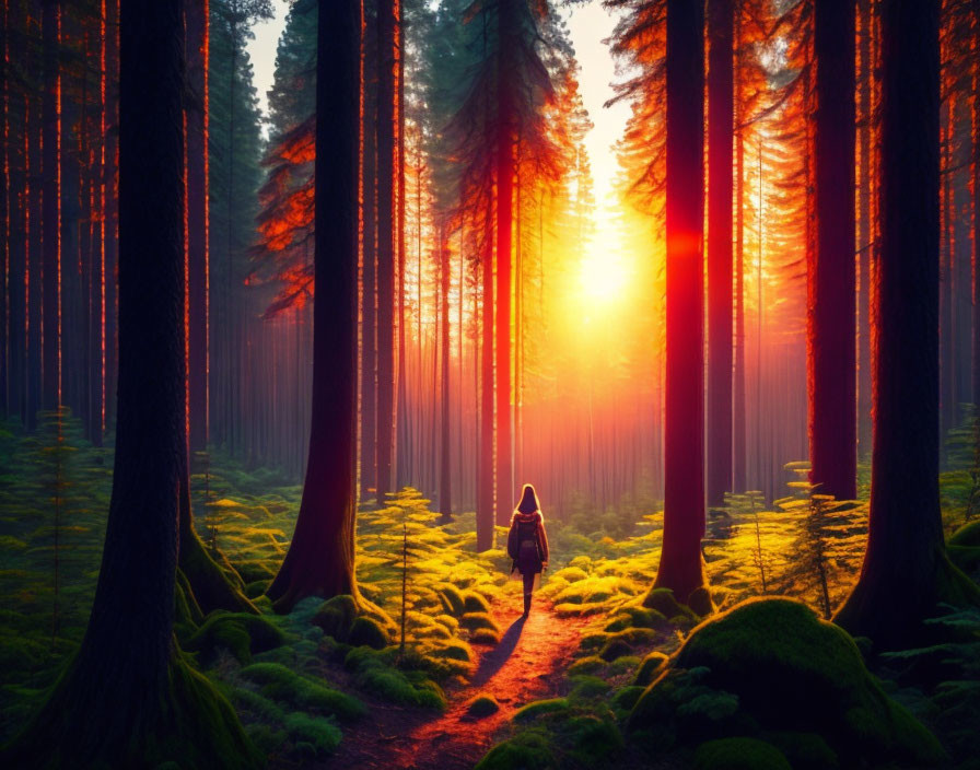 Person walking through lush forest with towering trees and setting sun.