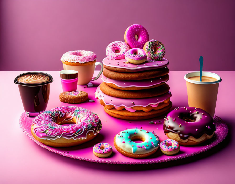 Vibrant donuts and coffee on magenta background with icing and sprinkles.