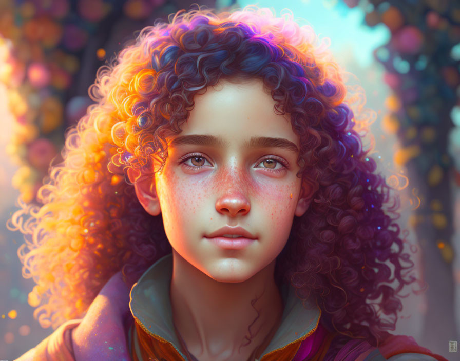 Child's portrait with curly hair, freckles, in autumn colors, under magical backlight.