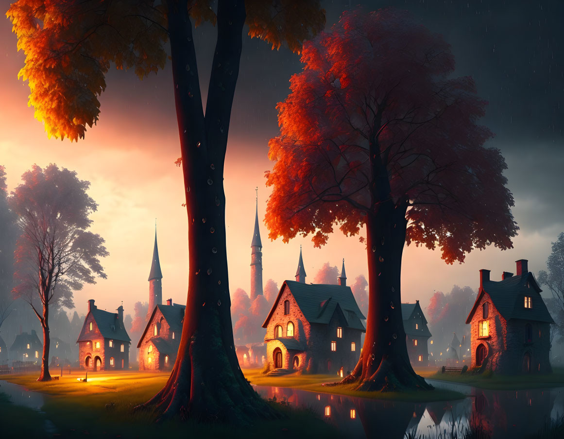 Tranquil village scene at dusk with glowing windows, reflective pond, and autumn trees in gentle rain