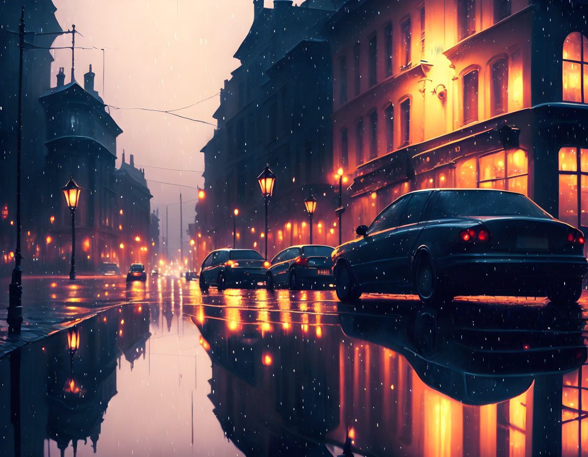 City street at night with parked cars reflecting on wet pavement