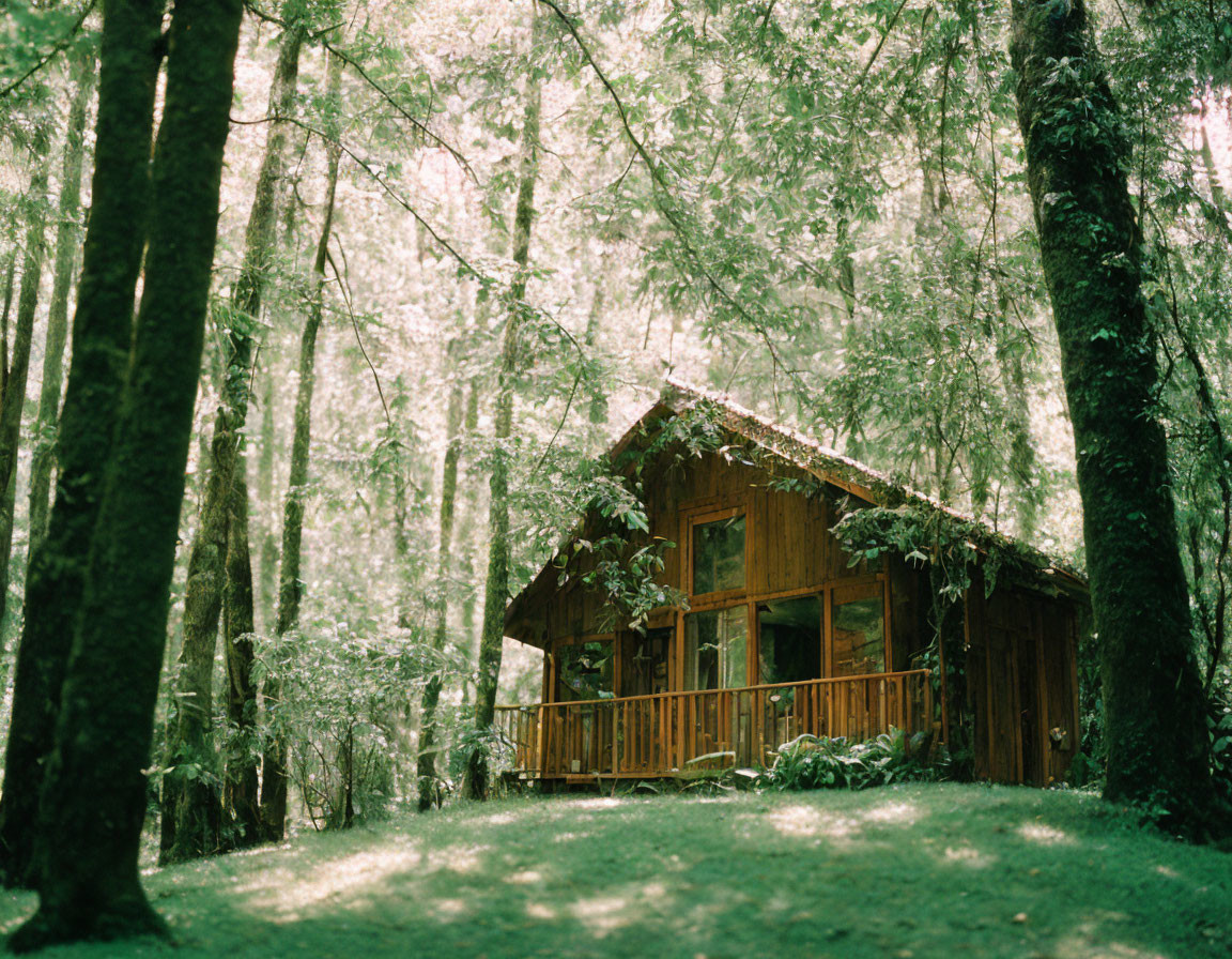 Tranquil Wooden Cabin in Lush Green Forest