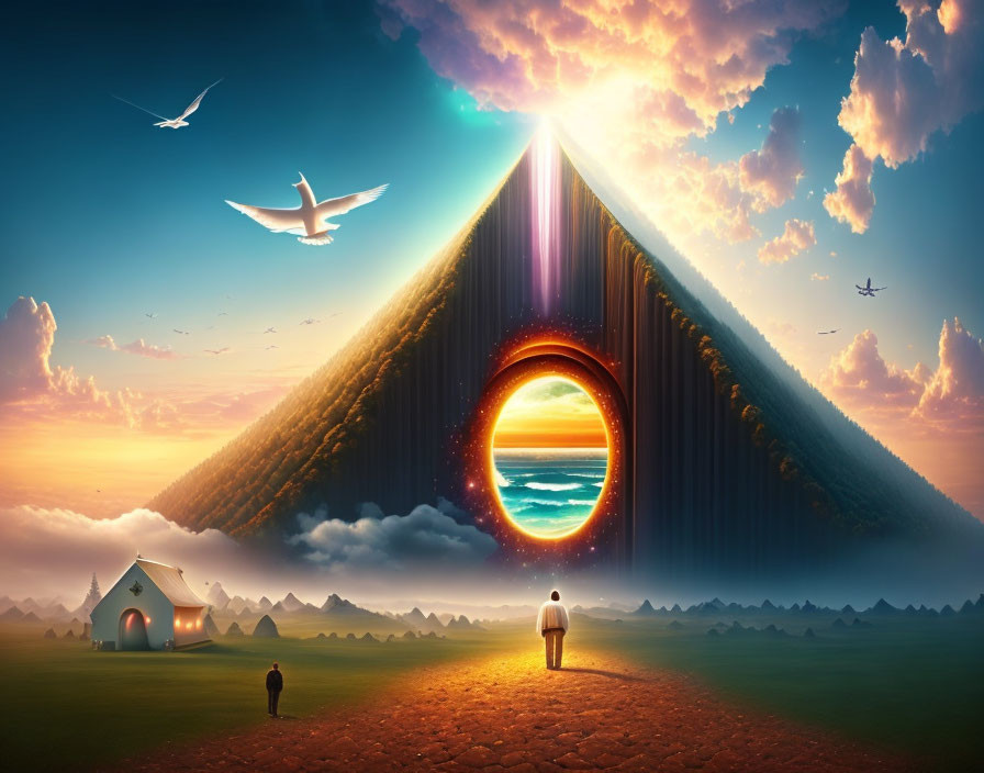 Surreal landscape with giant triangular portal, seascape, vibrant sky, birds, and observer on