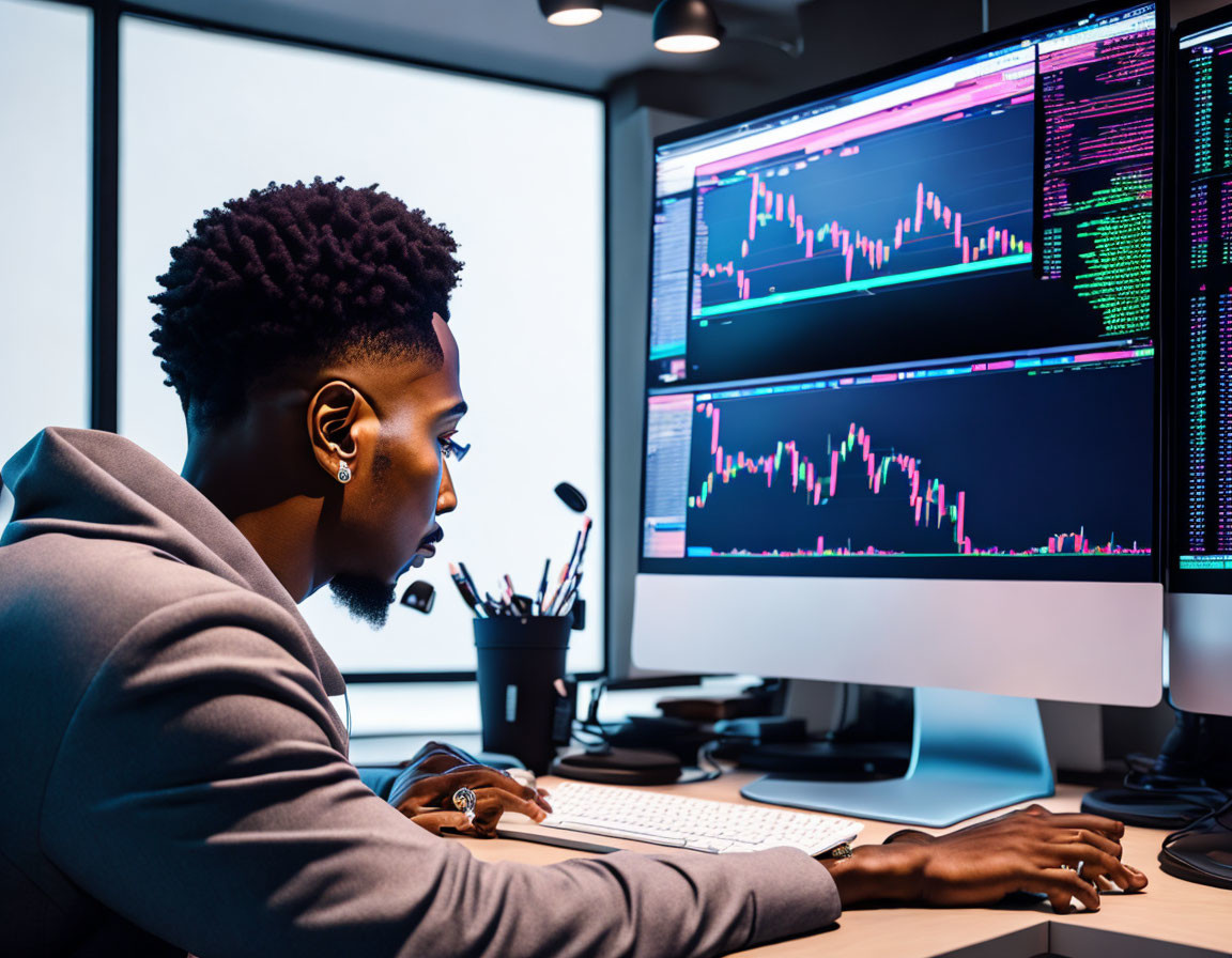 Professional analyzing financial data on multiple computer monitors in dark office setting