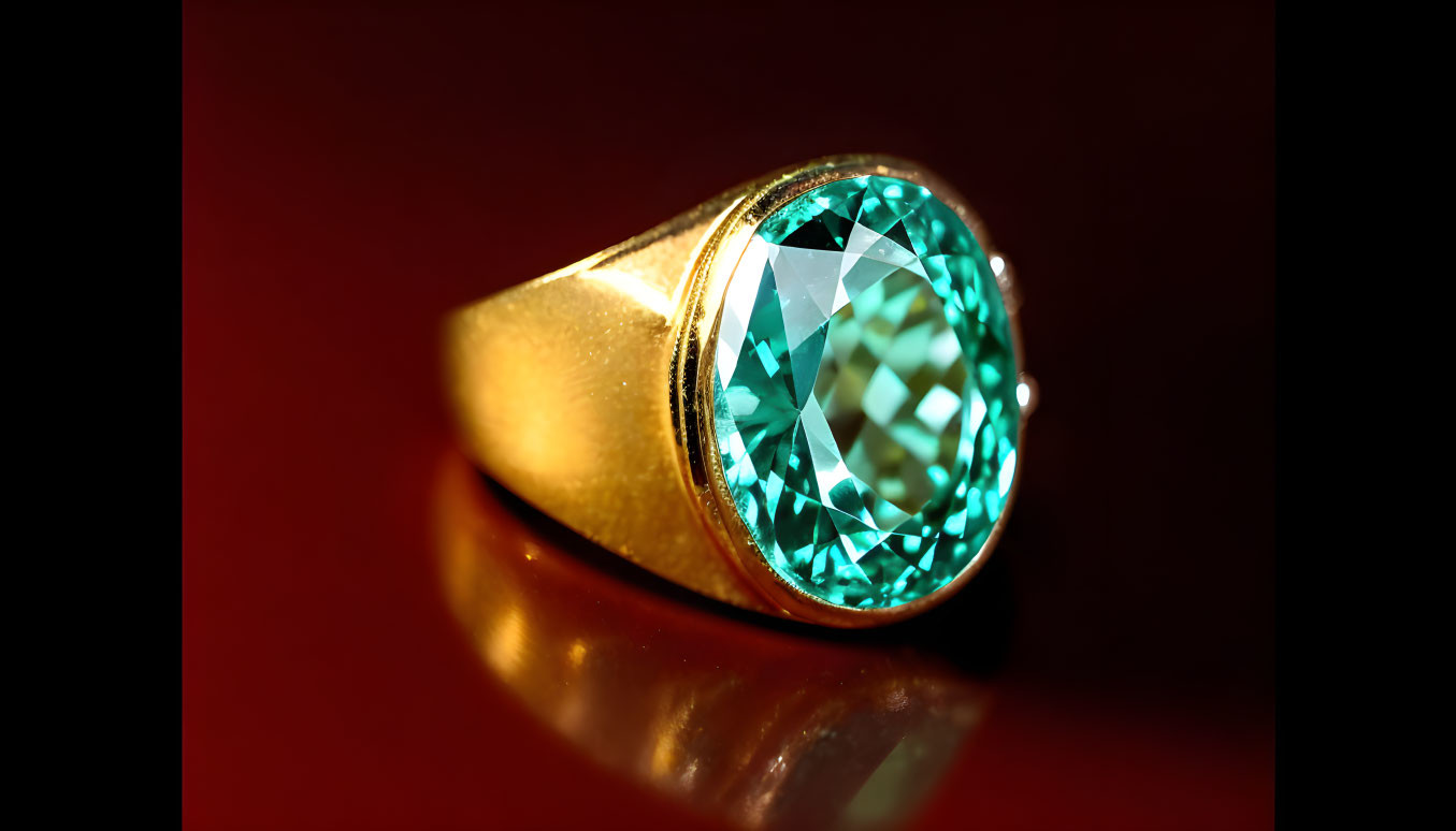 Gold Ring with Large Aquamarine Gemstone on Red Background