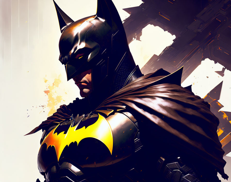 Intense Batman illustration with iconic cowl and cape in dramatic setting