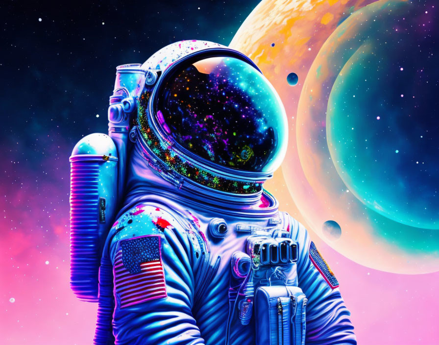 Colorful Astronaut Illustration with Galaxy Reflection in Visor