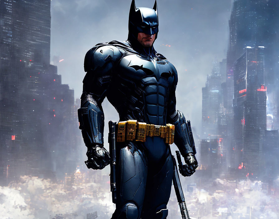 Muscular Batman figure in black cape against cityscape backdrop