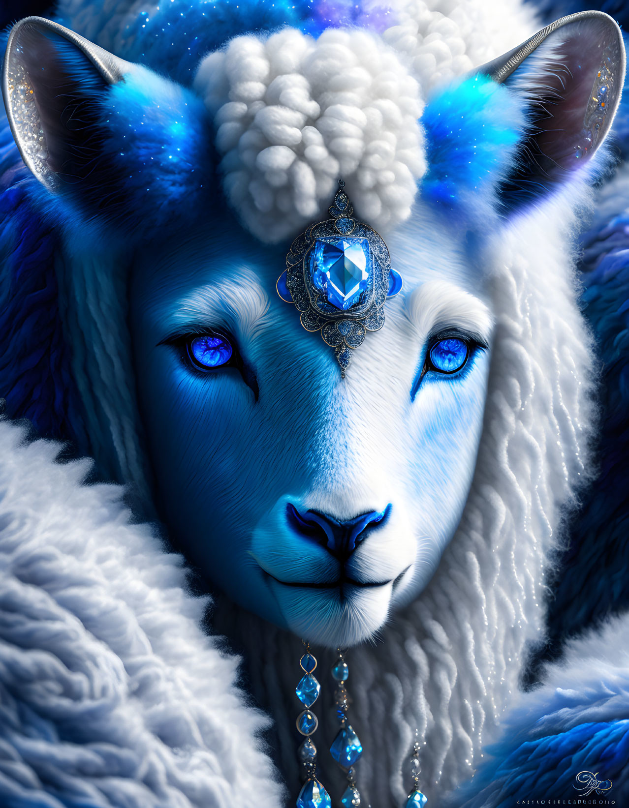 Blue and White Fantasy Lion Creature with Jeweled Headdress