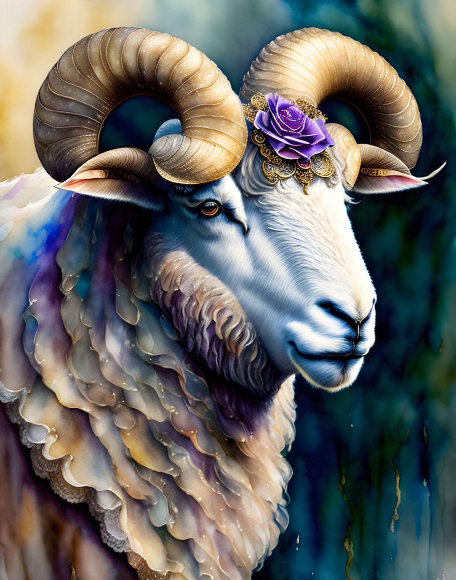 Illustration of a ram with curved horns, purple rose, and gold filigree on blue and