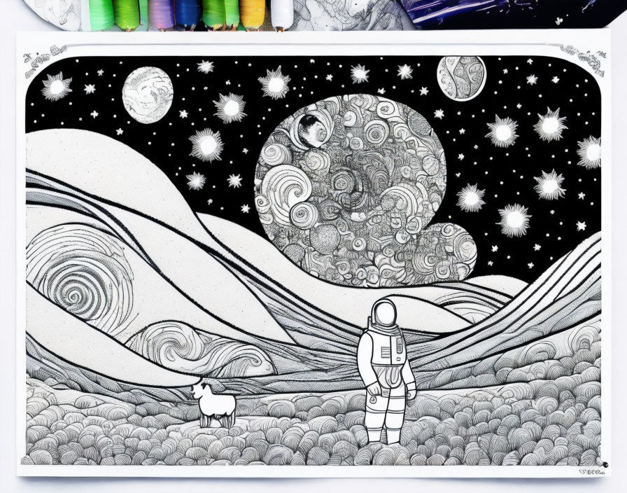 Astronaut and dog admire cosmic scene with stars, planets, and moon.