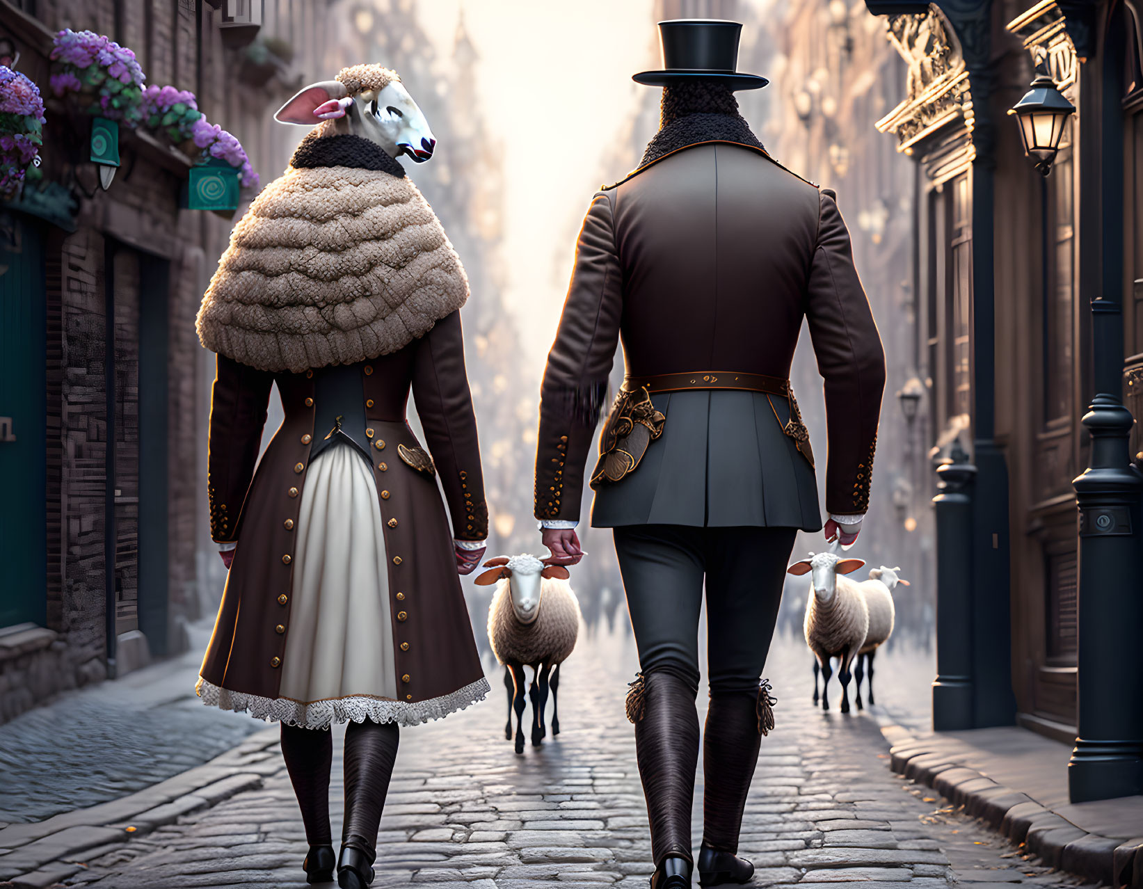 Man and woman with sheep heads in 18th-century attire on cobblestone street with three sheep