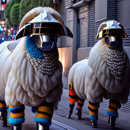 Futuristic sheep in colorful attire on city sidewalk