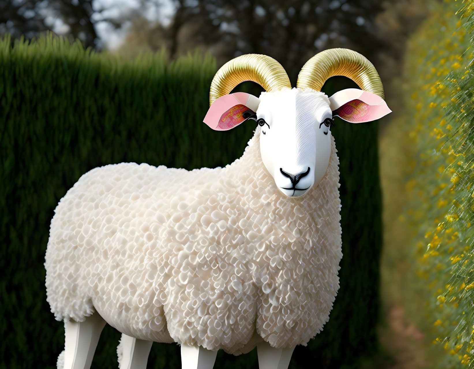 Fluffy sheep with large horns in a garden setting