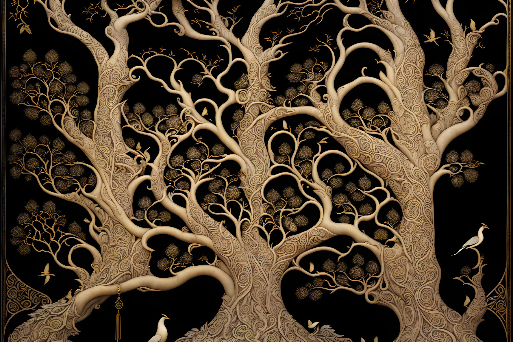 Detailed Stylized Tree Artwork with Gold Accents on Black Background