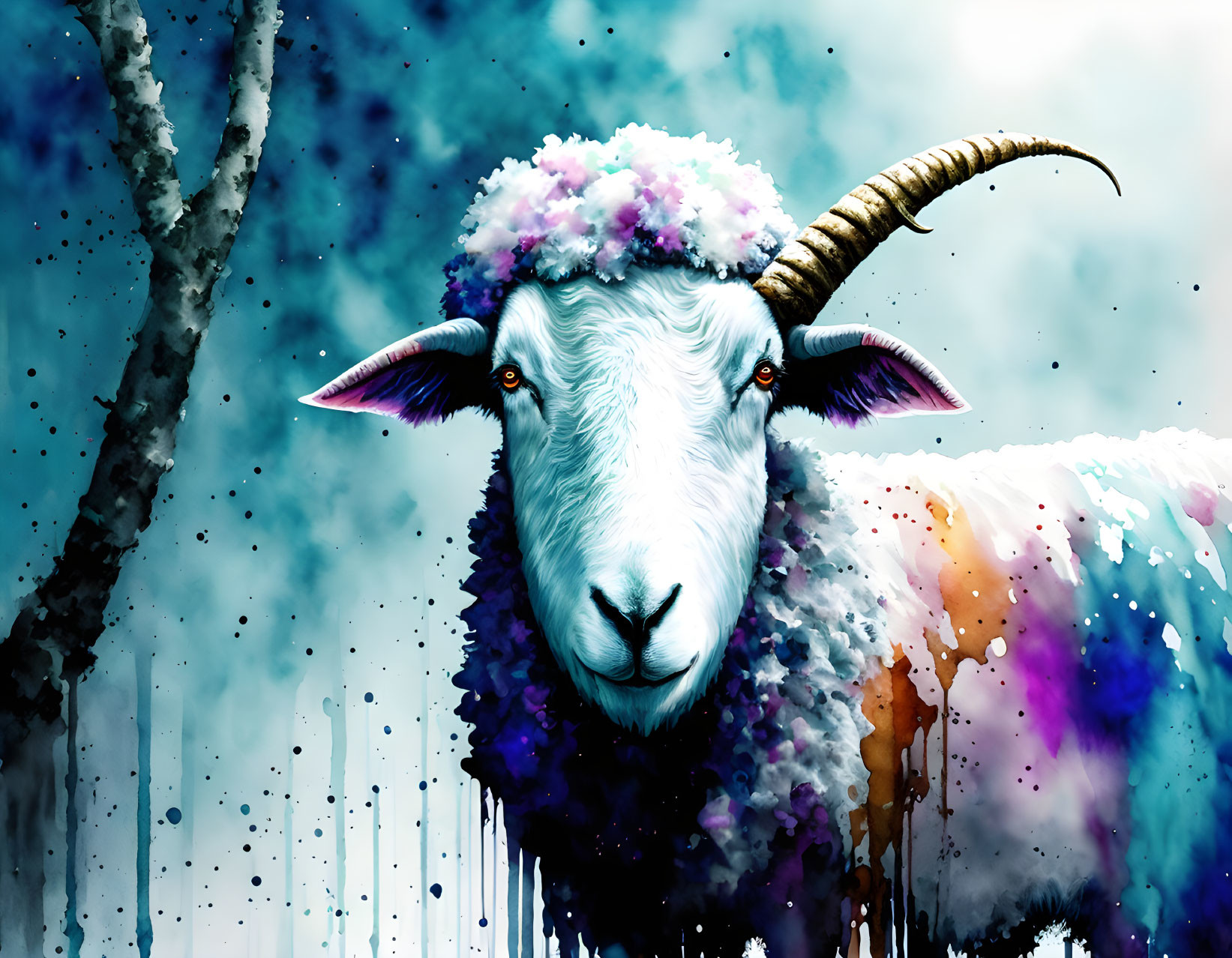 Vibrant sheep illustration with colorful horns on drippy background