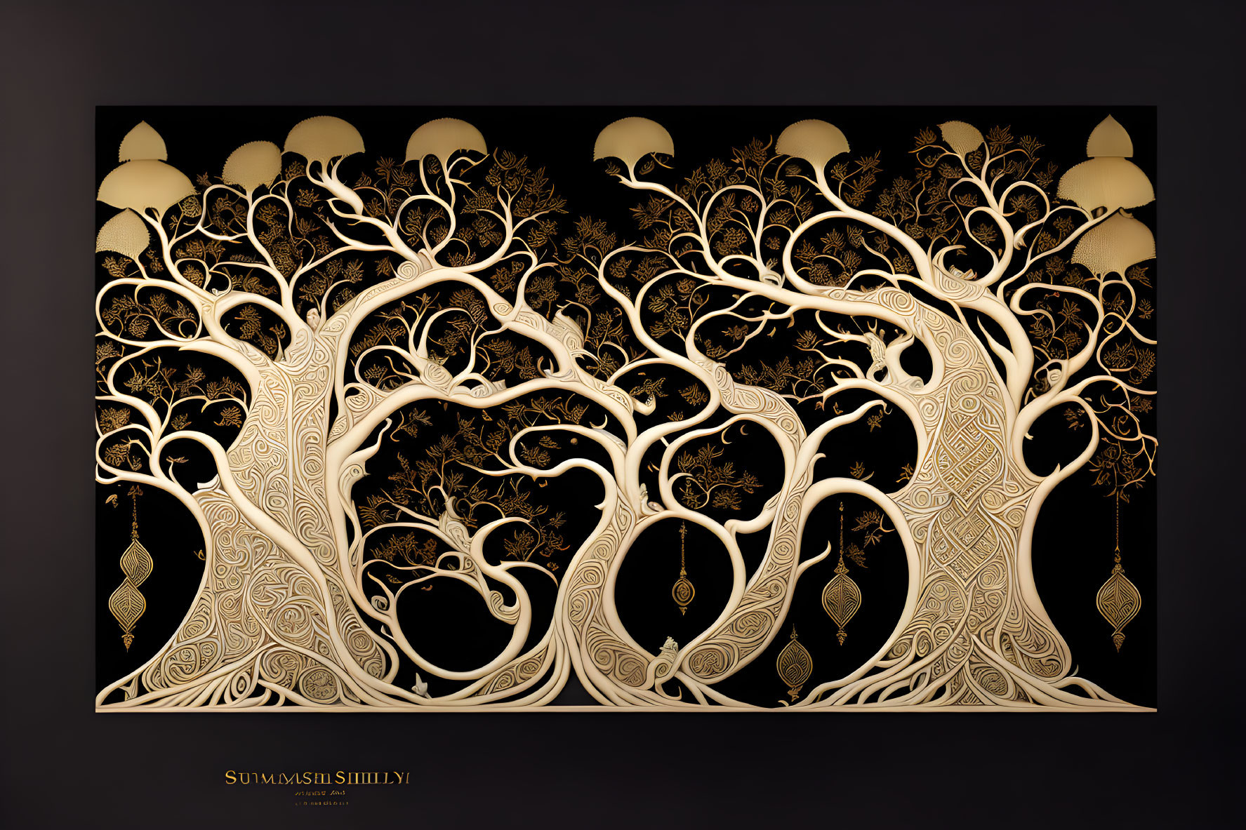 Symmetrical golden-white tree design with hanging lamps on a dark background