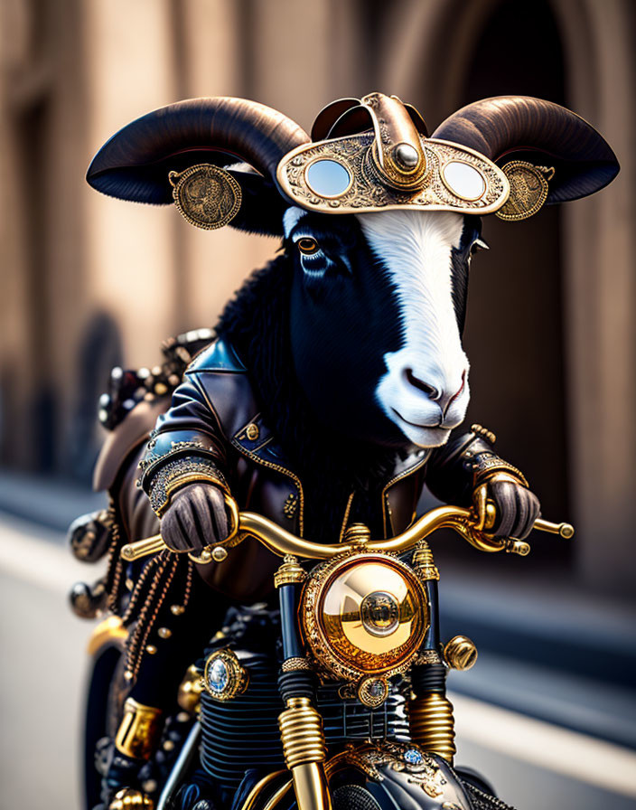 Goat with humanoid features in steampunk attire on a steampunk motorcycle