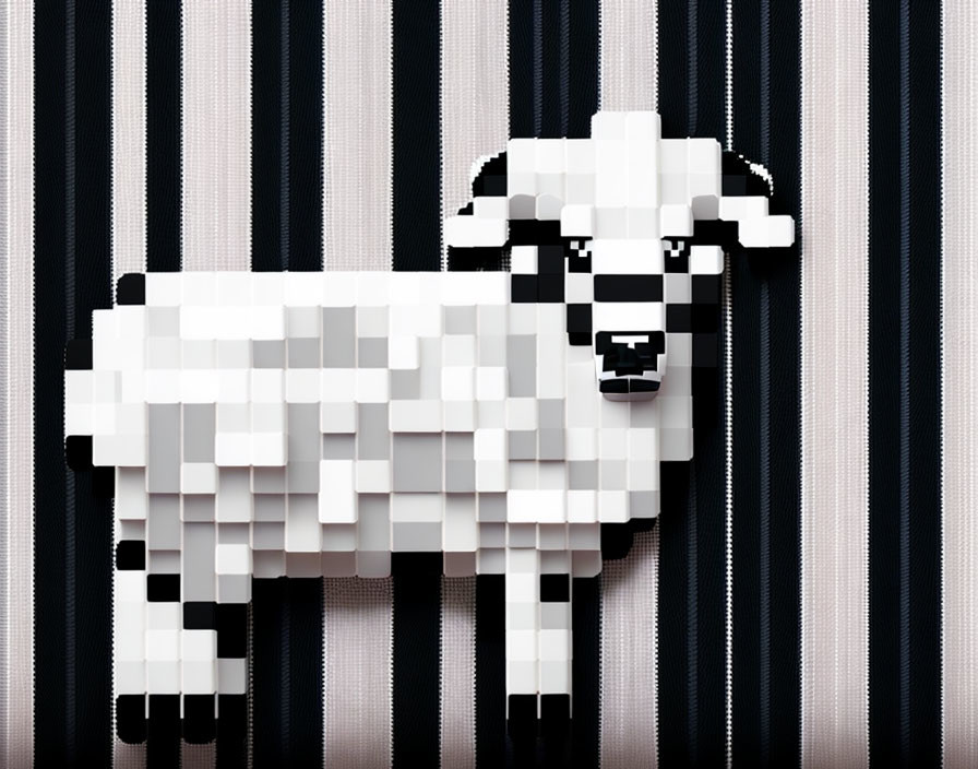 Pixel Art Style Sheep Against Black and White Striped Background