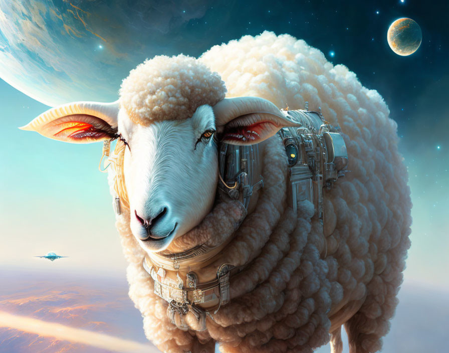 Surreal sheep with mechanical parts in cosmic setting