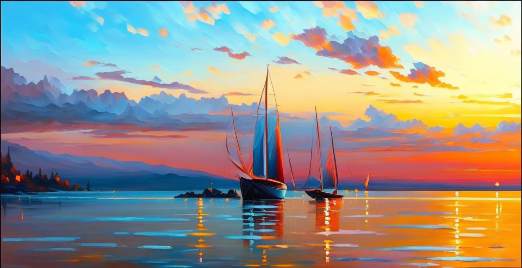 Sailboats on calm waters at vibrant sunset