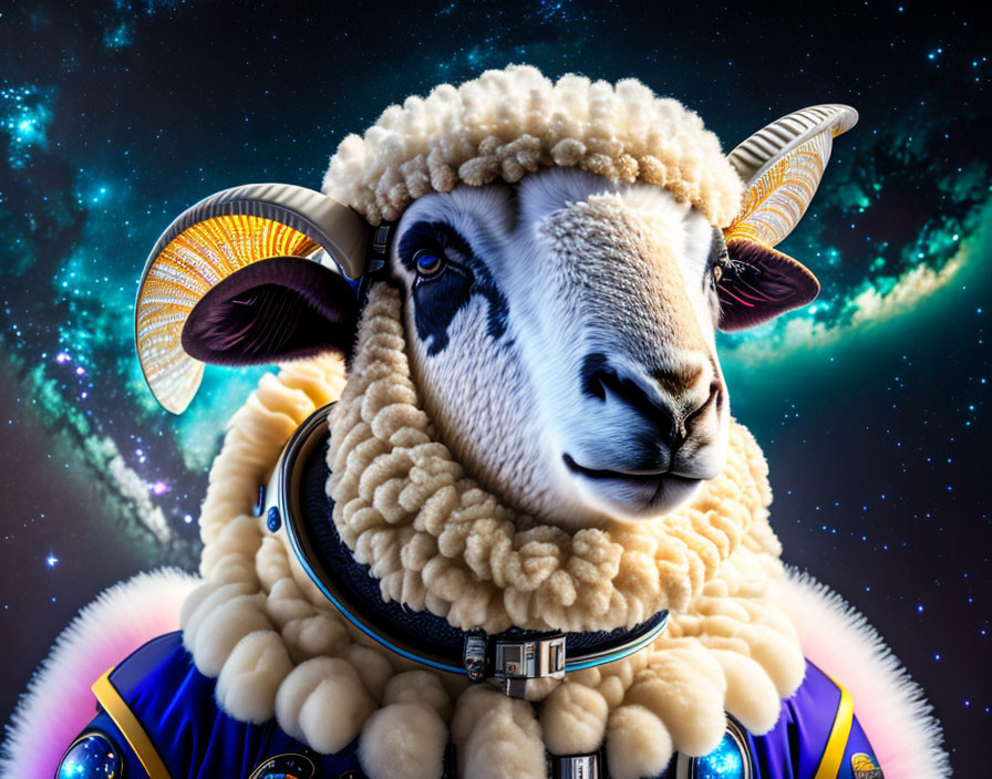 Whimsical sheep with large ram horns in astronaut suit on starry space backdrop