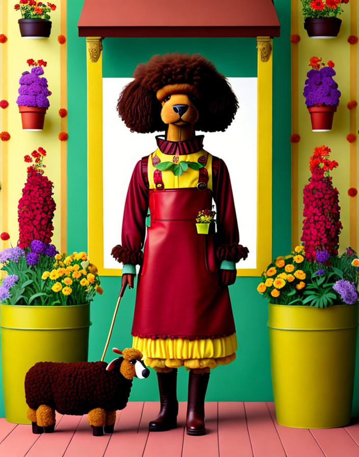 Anthropomorphic poodle in red dress with small sheep, floral backdrop