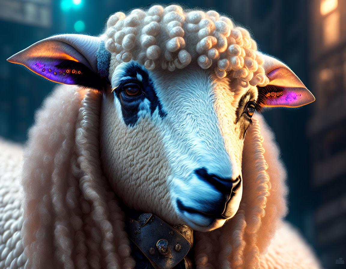 Hyper-realistic sheep illustration with blue eyes and purple-tinted ears in urban nighttime setting