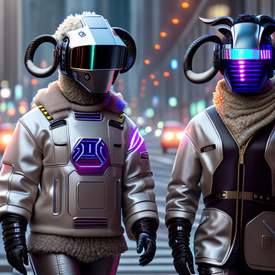 Futuristic characters with stylish helmets in neon-lit cityscape