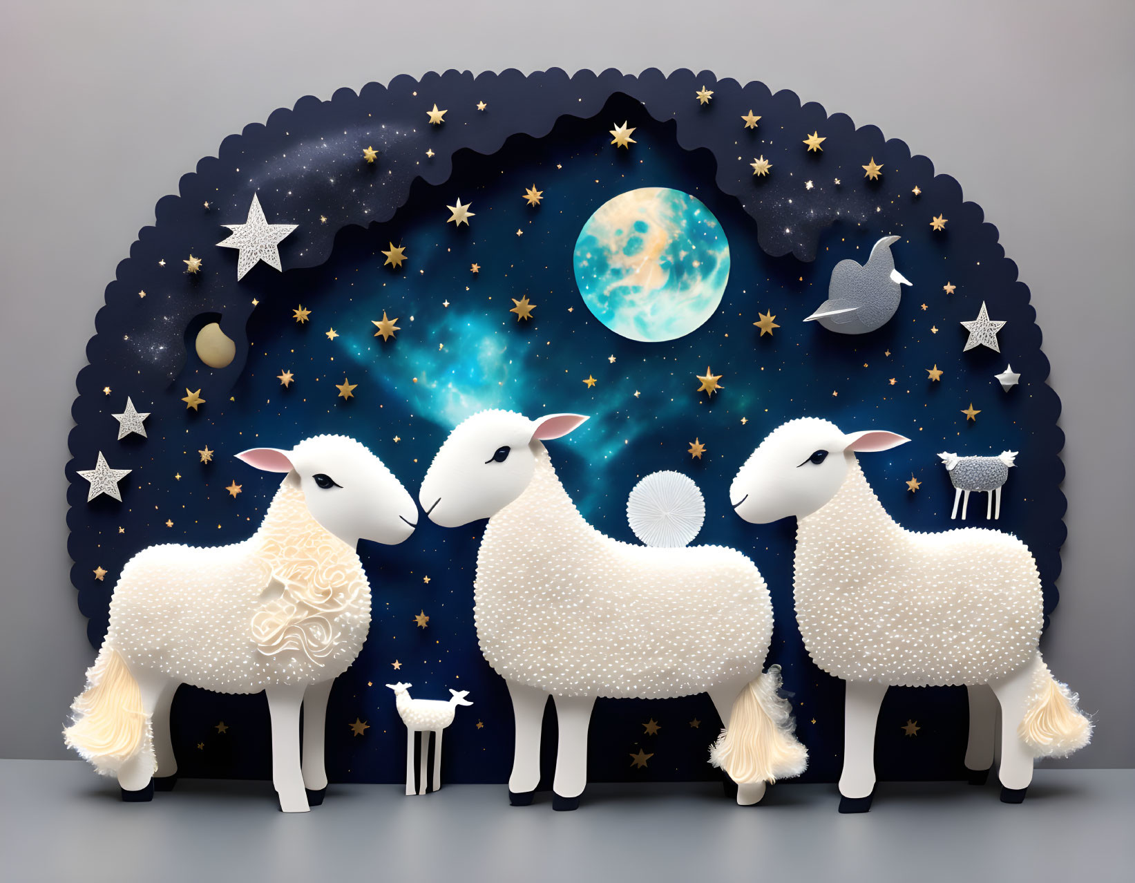 Intricate patterned sheep under cosmic night sky