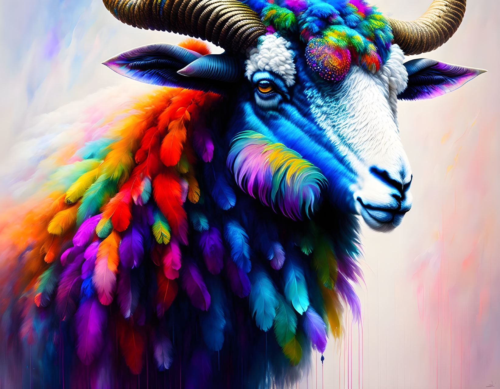 Colorful Ram Illustration with Rainbow Fleece and Curled Horns