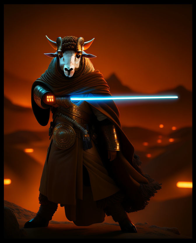 Stylized bovine-headed character with blue lightsaber in moody dune landscape