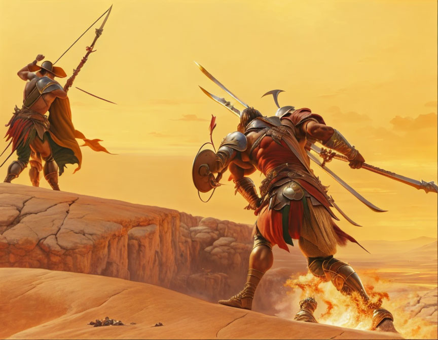 Armored warriors in desert at sunset with spear and sword