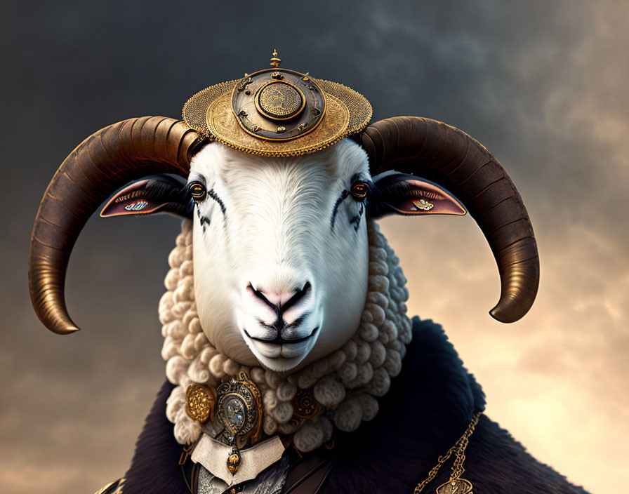 Regal sheep portrait with elaborate jewelry and golden circlet