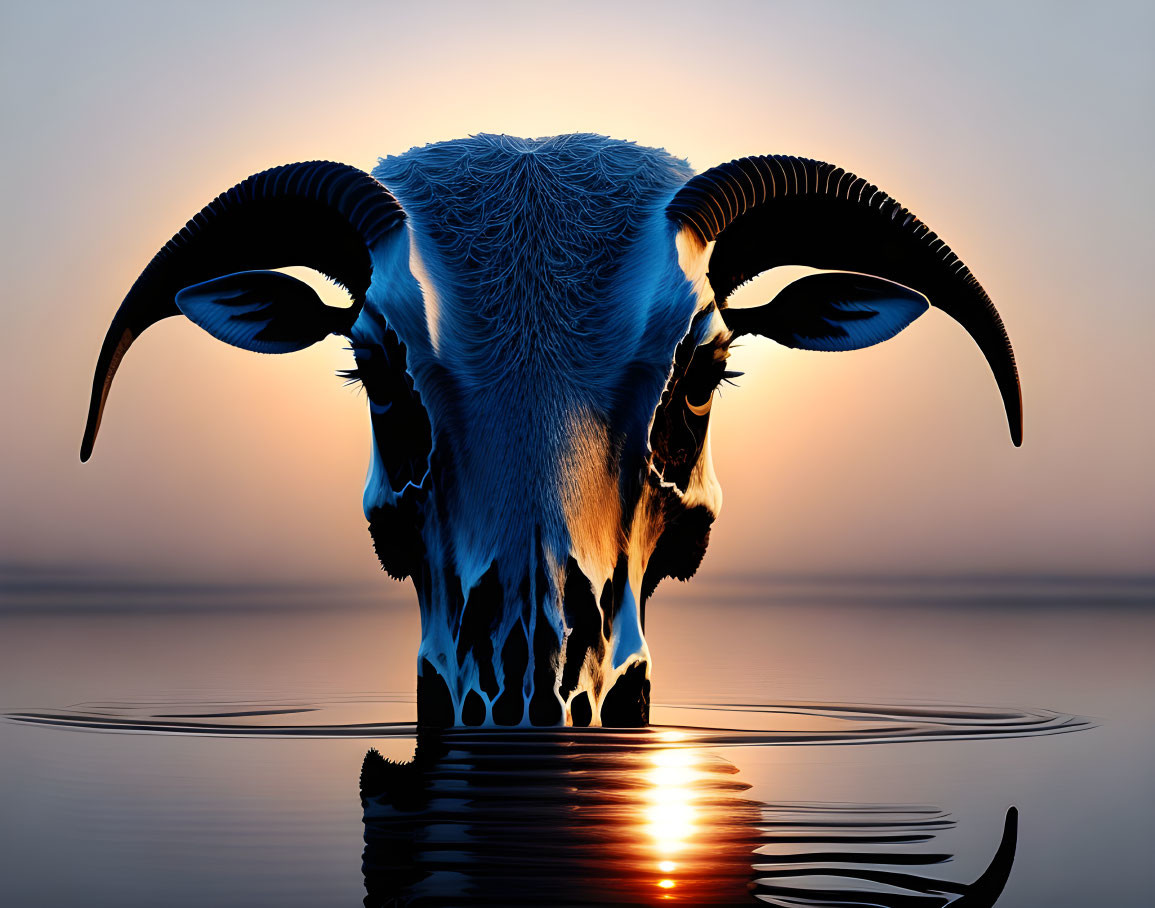 Bull silhouette with patterned face and horn reflection at sunset