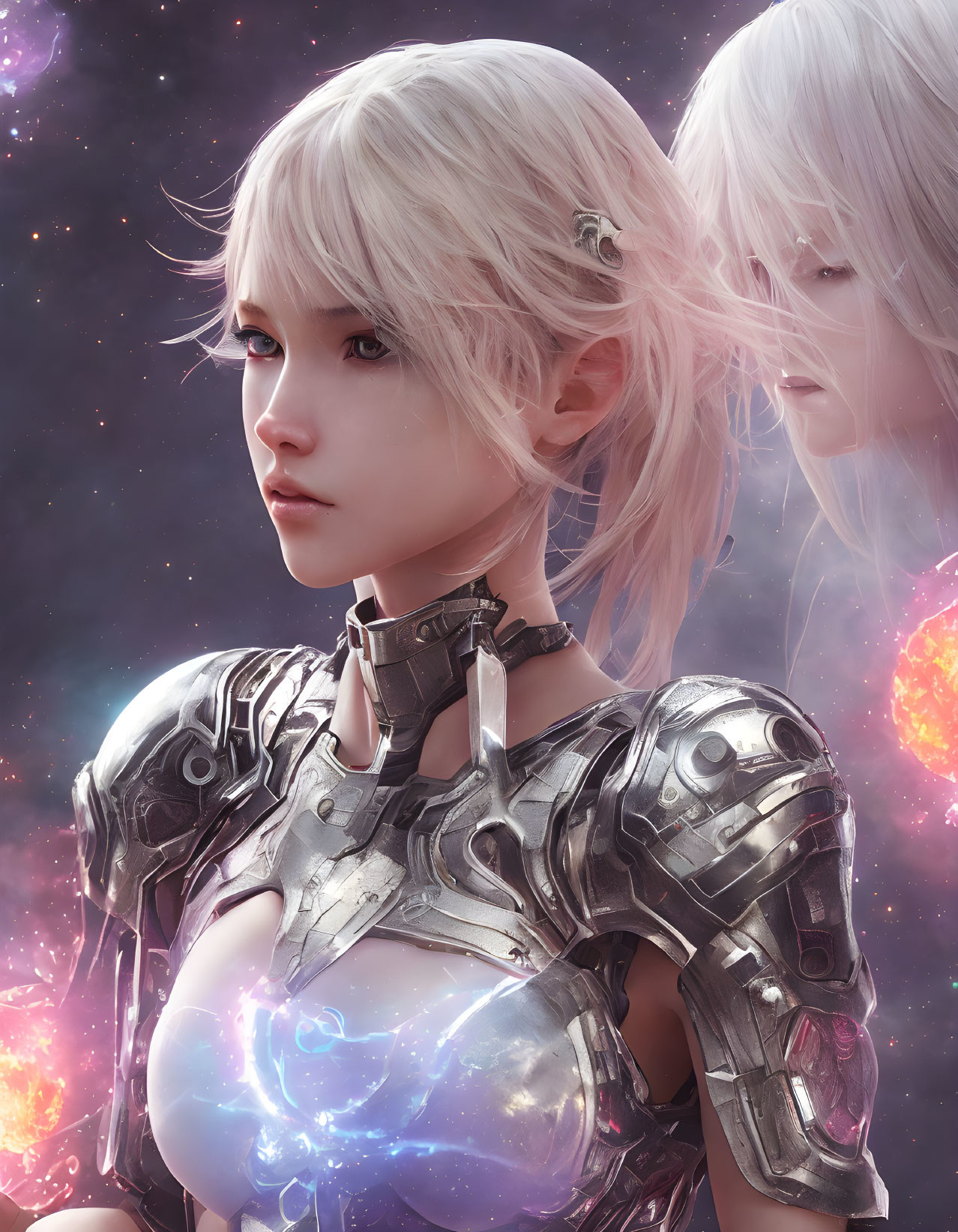 Futuristic digital art: Two female figures in silver armor with blonde hair and cosmic backdrop