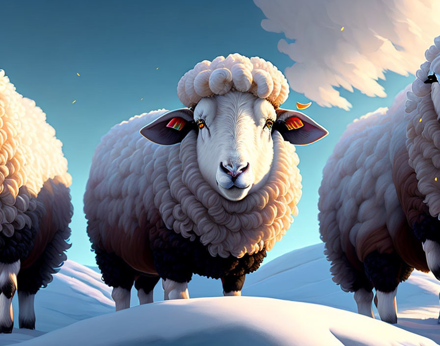 Illustration of fluffy sheep in serene setting