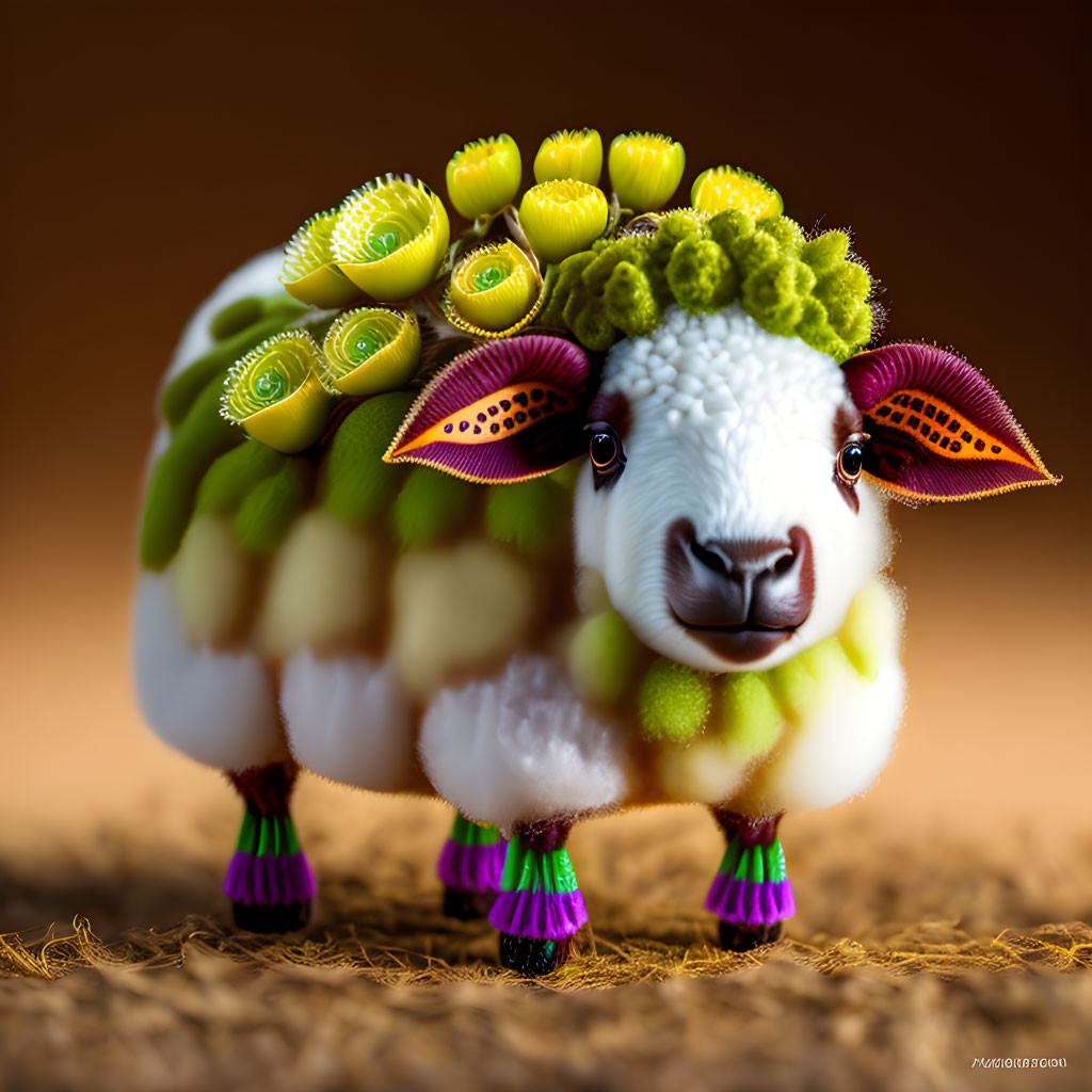 Illustration of whimsical sheep with cauliflower body and kiwi head