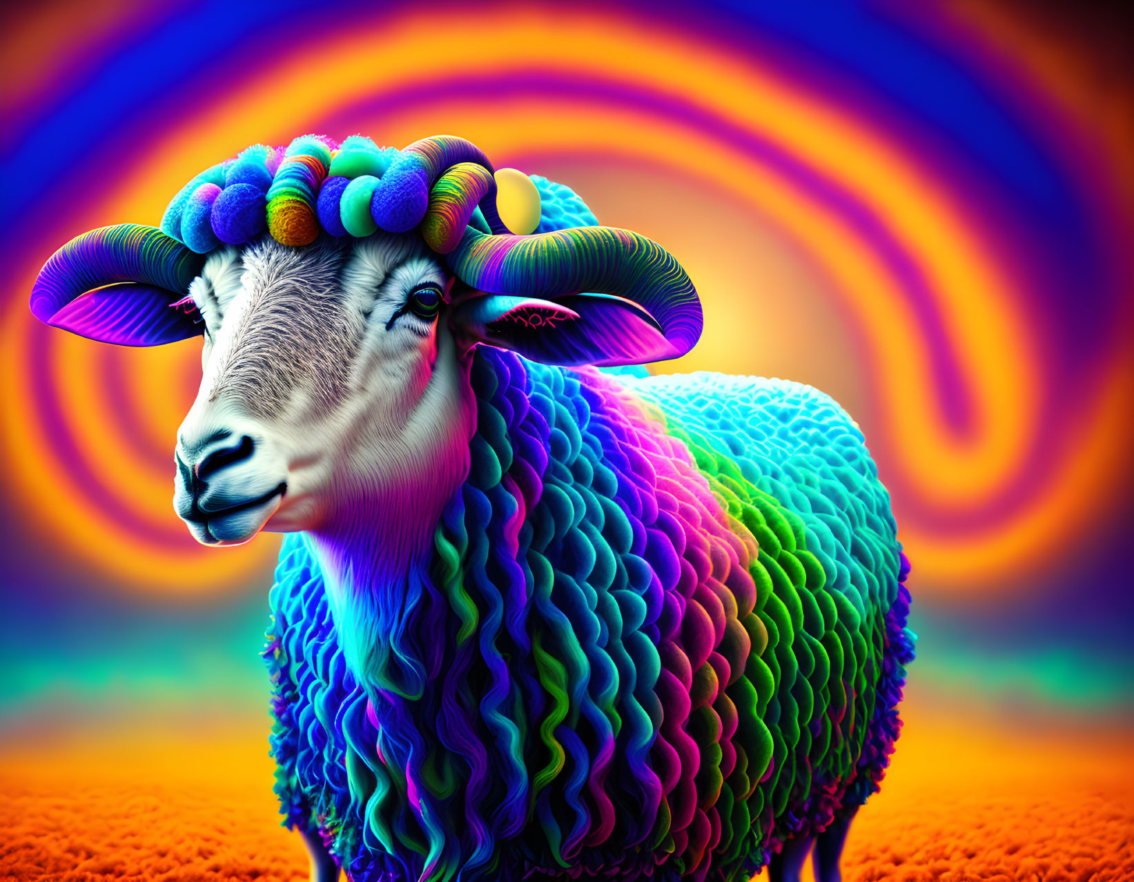 Colorful Sheep with Multicolored Wool and Horns on Psychedelic Background