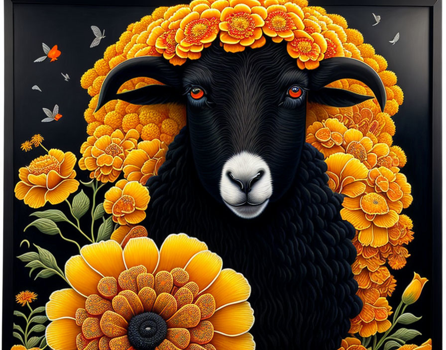 Vibrant black sheep art adorned with orange and yellow marigold flowers