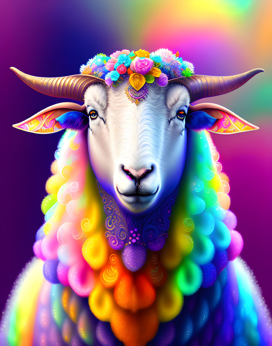 Colorful Sheep Illustration with Floral Crown & Decorative Patterns