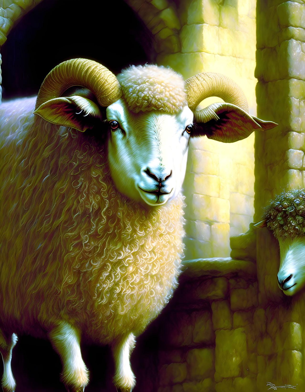 Golden-fleeced ram with curved horns in front of stone archway.